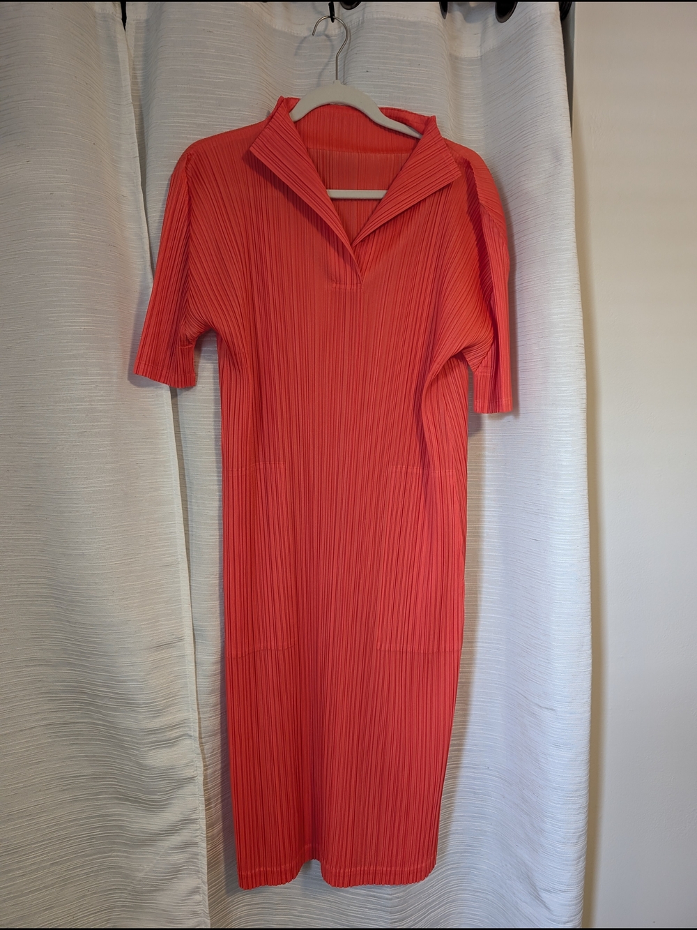 Issey Miyake Coral Pleated Collared Midi Dress/Tunic
